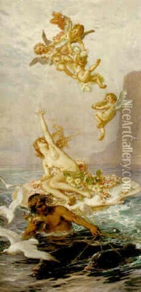 Allegoriskt Motiv Med Venus Dragen Av Delfiner Oil Painting - Julius Johann Ferdinand Kronberg