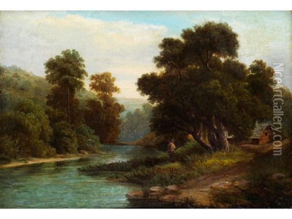 Flusslandschaft Mit Angler Oil Painting - Johann Wilhelm Schirmer