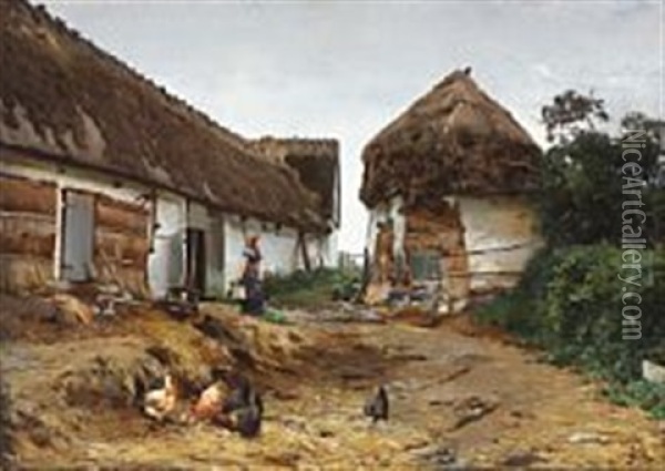 A Milkmaid At A Whitewashed Farmhouse Oil Painting - Erik Ludwig Henningsen