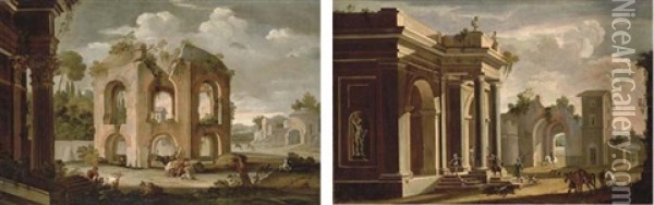 A Capriccio Of Classical Ruins With Herdsmen Resting Near The Temple Of Minerva Medica (+ A Capriccio Of A Palace Portico In The Doric Order With Huntsmen; Pair) Oil Painting - Niccolo Codazzi