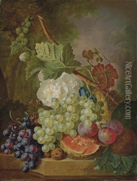 Flowers, Grapes, Plums, Walnuts And A Melon On A Stone Ledge Oil Painting - Jan van Os
