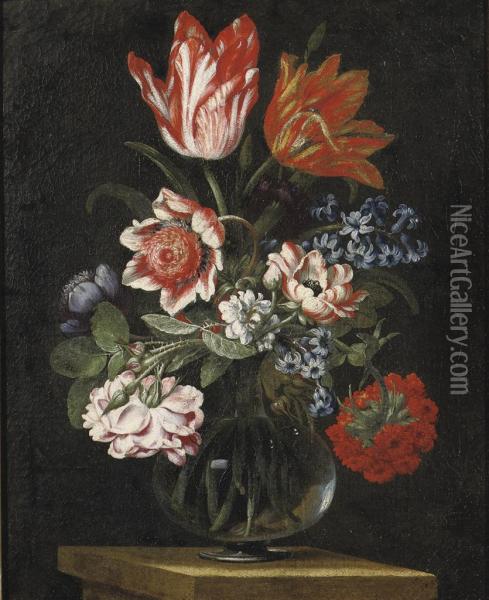 Tulips, A Rose, Violettes And Other Flowers In A Glass Vase On A Stone Ledge Oil Painting - Bartolomeo Ligozzi