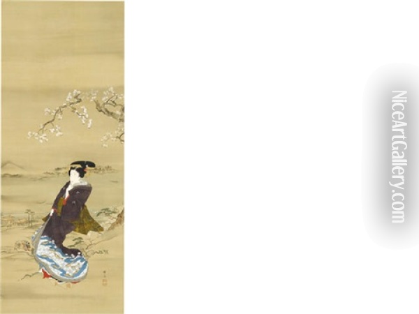 A Geisha Flower Viewing Oil Painting -  Hokuba