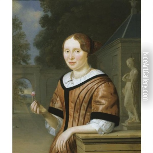 A Portrait Of A Lady Holding A Rose, By A Statue Of Flora In A Garden Oil Painting - Pieter Cornelisz van Slingeland