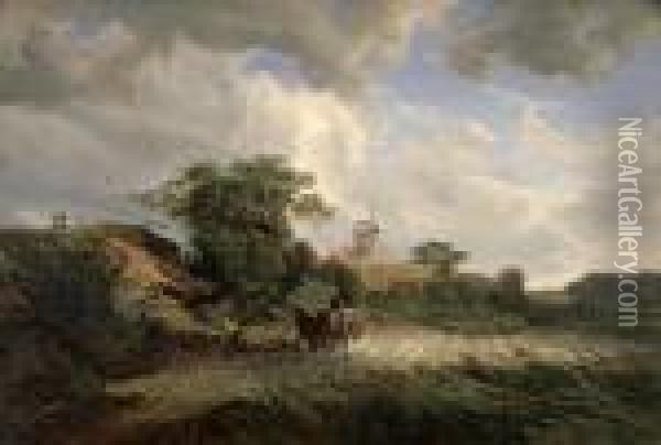 Friesische Landschaft Mit Bockswindmuhle Unter Wolkenverhangenem Himmel Oil Painting - Hermann Kauffmann
