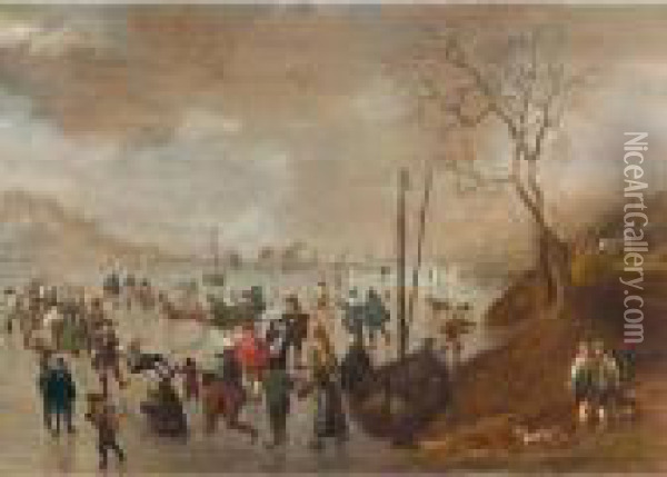 A Winter Landscape With Figures Skating On A Frozen River Oil Painting - Verstraelen Anthonie