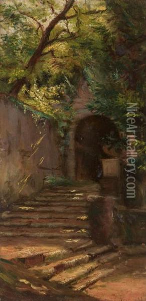 Sun-dappled Steps Oil Painting - Carl August Lebschee