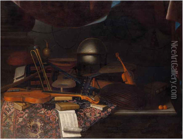 Natura Morta Con Strumenti Musicali, Spartiti, Libri E Mappamondo Oil Painting - Bartolomeo Bettera