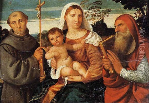 Madonna Con Bambino Tra I Santi Francesco E Girolamo In Un Ampio Paesaggio Oil Painting - Bonifazio de Pitati