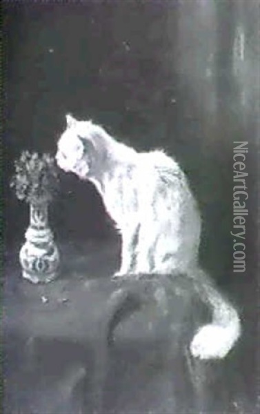 A Cat Smelling A Vase Of Violets Oil Painting - Arthur Heyer