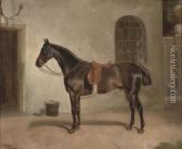 A Saddled Chestnut Hunter Outside The Stables Oil Painting - Of John Alfred Wheeler