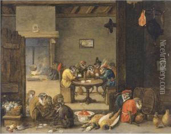 Monkeys Playing Cards Oil Painting - Ferdinand Ii Van Kessel