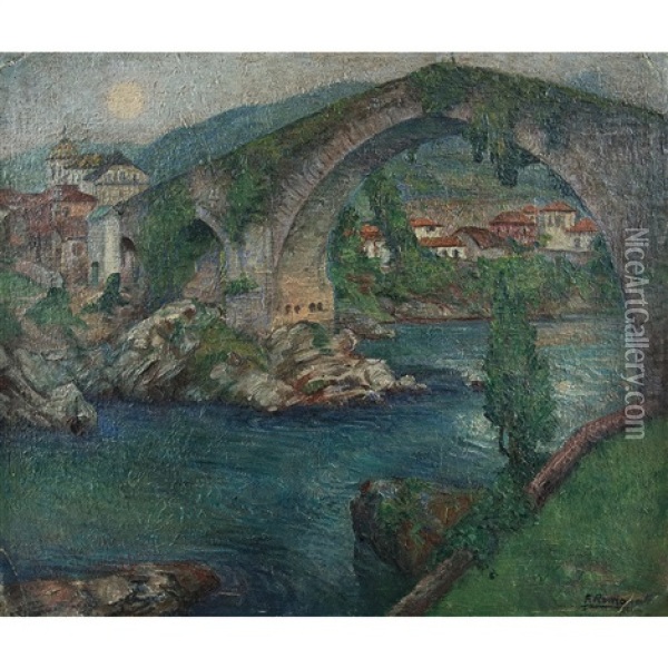 Puente Romano De Cangas De Onis, Asturias, Espana, 1934 Oil Painting - Francisco Romano Guillemin