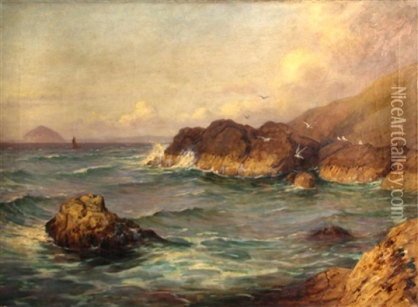 Rocky Coast With Sea Gulls Oil Painting - William Barr