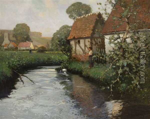 Figures Near A River, Normandy Oil Painting - George Ames Aldrich
