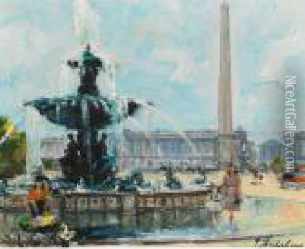 Fountain In The Place De Concorde, Paris Oil Painting - Georgi Alexandrovich Lapchine
