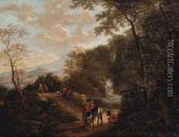 Travellers In A Classical Landscape Oil Painting - Jan Both