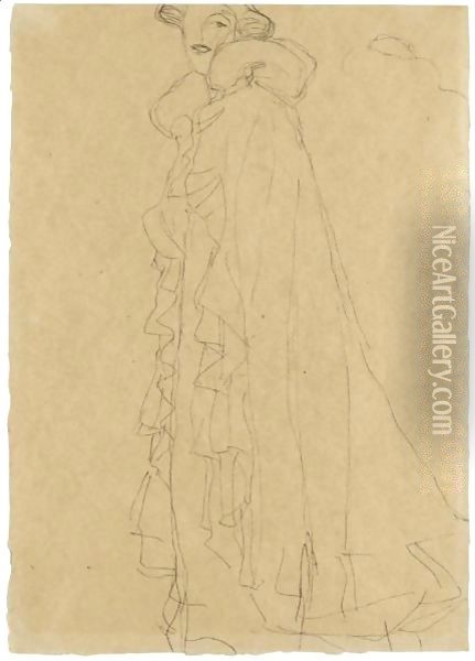 Stehend Nach Links, Skizze Des Kragens Von Hinten (Standing Turned To The Left, Sketch Of The Collar From Reverse) Oil Painting - Gustav Klimt