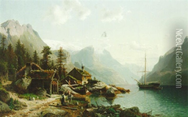 Figures Beside A Lake Oil Painting - Johannes Bartholomaeus Duntze