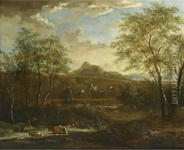 An Extensive Wooded Landscape With Shepherds Watering Their Flock In A Stream Oil Painting - Frederick De Moucheron