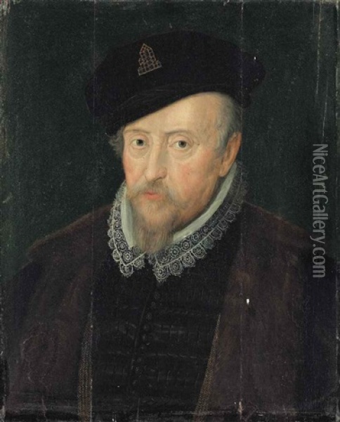 Portrait Of A Gentleman, Half-length, In A Black Slashed Doublet, A Lace Collar, A Fur-lined Jacket And A Black Hat With A Jewel Oil Painting - Marcus Gerards the Younger