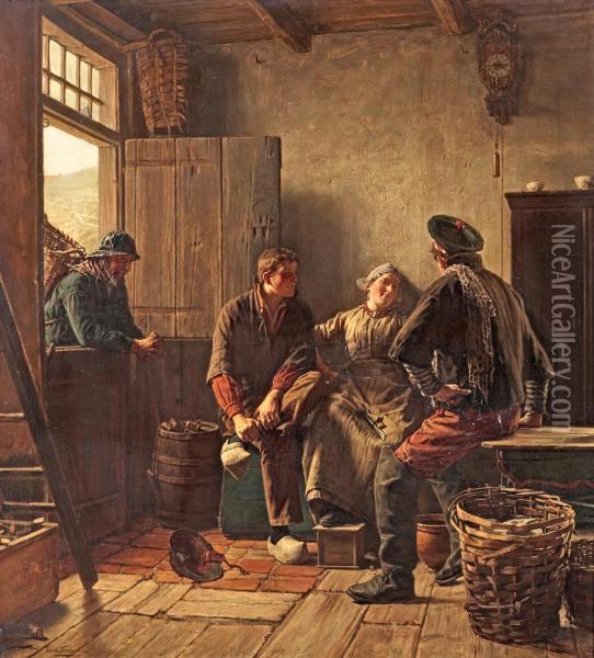 Family In A Fishing Cabin Oil Painting - Ferdinand Fagerlin