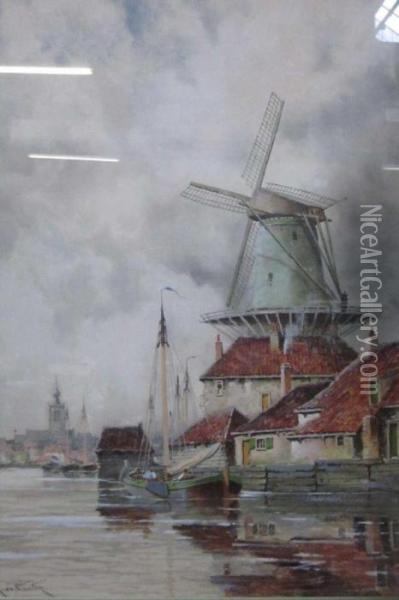Dutch Harbour Scene With Windmill Oil Painting - Hermanus Jr. Koekkoek