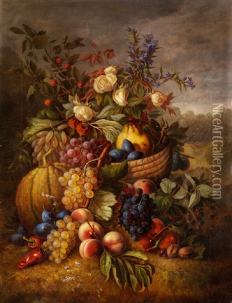 Fruchte- Und Blumenstilleben Oil Painting - Cornelis Johannes van Hulsteyn