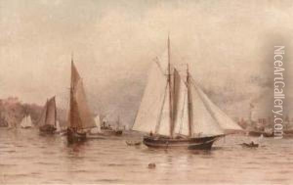 Fishing Boats And Other Shipping
 On The Hudson With A View Of The New York And The Bluffs Oil Painting - Granville Perkins