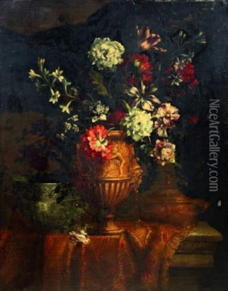 Nature Morte Au Bouquet De Fleurs Dans Un Vase Antique, Vase En Porcelaine De Chine Et Pot A Huile Oil Painting - Jean-Baptiste Monnoyer