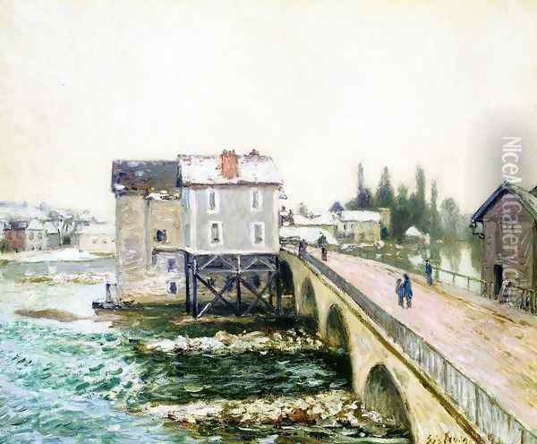 The Bridge and Mills of Moret, Winter's Effect Oil Painting - Alfred Sisley
