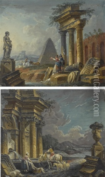An Architectural Capriccio With A Marble Sculpture And Figures; And An Architectural Capriccio With Figures Resting By The Gentle Cascade Of Water Over The Stone Oil Painting - Pierre Antoine Demachy