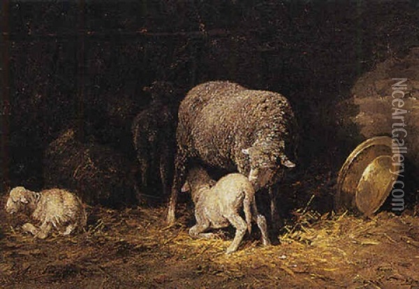 The Suckling Lamb Oil Painting - Charles Emile Jacque