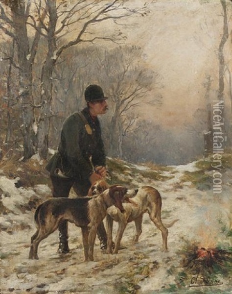 A Huntsman With Hounds In A Winter Landscape Oil Painting - Olivier de Penne