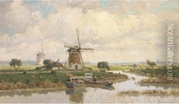 Bij Voorschoten: Windmills In A Polder Landscape Oil Painting - Gerard Delfgaauw