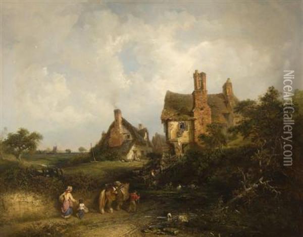 A Family Returning From Market, With Pond And Houses Beyond Oil Painting - Edward Robert Smythe