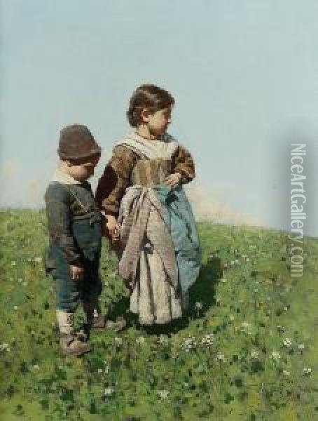 Children In A Meadow Oil Painting - Arnaldo Ferraguti