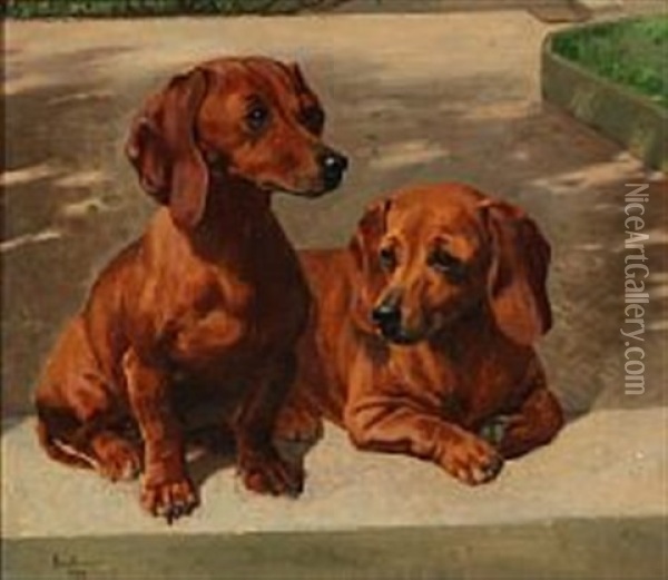 The Two Dachshund Puppies Grete Og Lady Oil Painting - Simon Simonsen