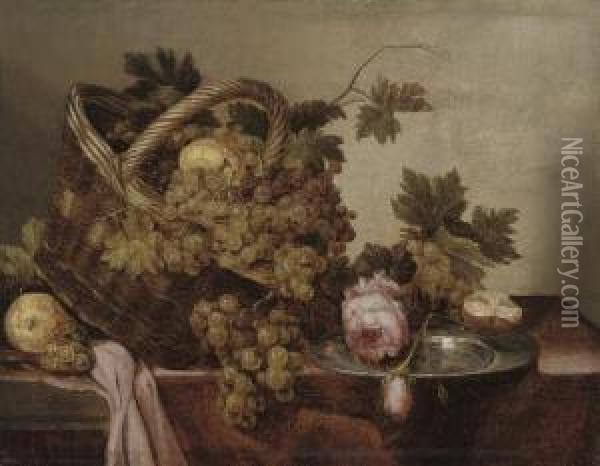A Basket Of Grapes And Apples, With Roses And A Pewter Platter On A Table Oil Painting - Abraham van, I Strij