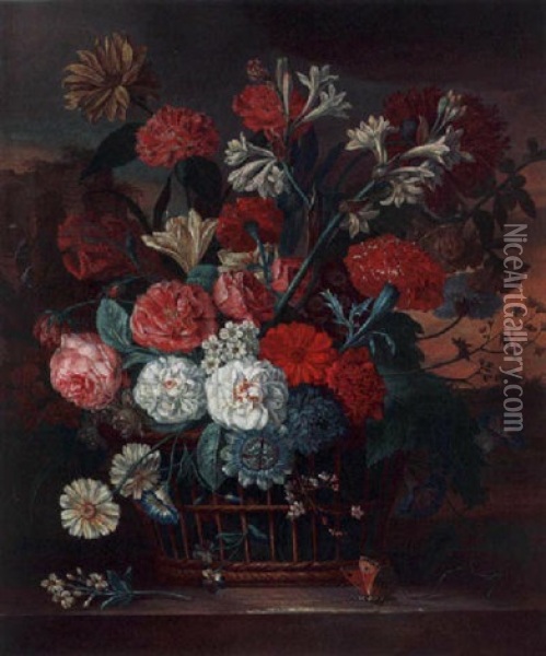 A Still Life Of Roses, Lilies, Carnations, Anemonies, Marigolds And Other Flowers In A Basket Oil Painting - Jacob van Huysum