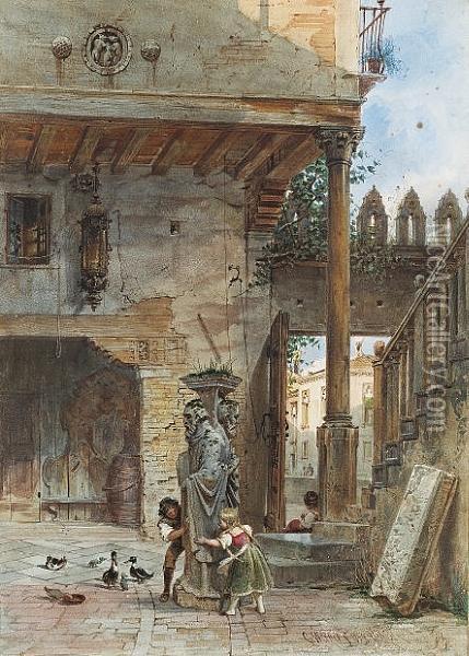 A Venetian Street Scene Oil Painting - Carl Friedrich H. Werner