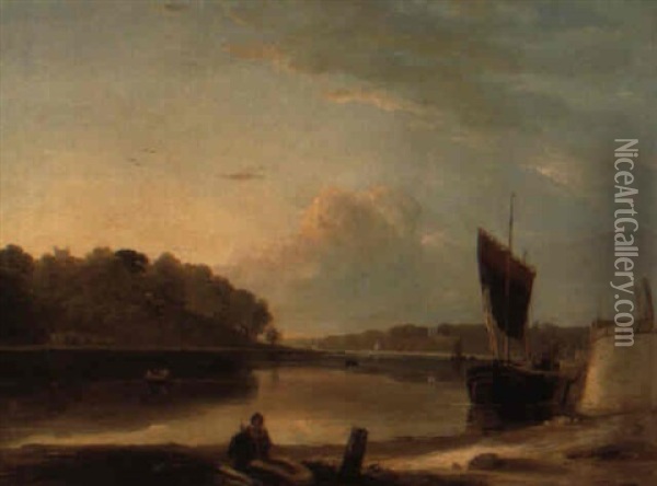 Sailing Boats On The Thames, With Figures In The Foreground Oil Painting - Augustus Wall (Sir.) Callcott