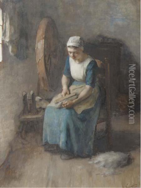 Combing The Wool Oil Painting - Albertus Johan Neuhuys