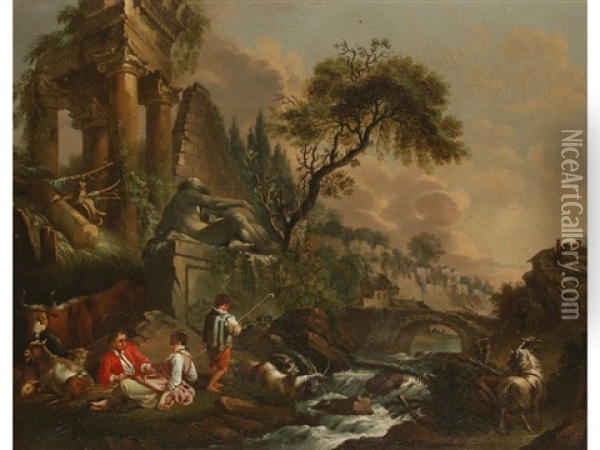 An Arcadian Landscape With Figures Resting Beside Italianate Ruins And A Cascading River Oil Painting - Jean Baptiste Pillement