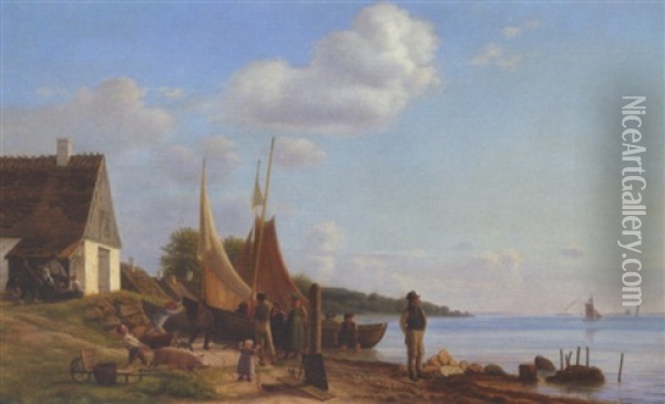 Folkeliv Ved Et Fiskerleje Pa Den Nordsjaellandske Kyst Oil Painting - Julius Friedlaender