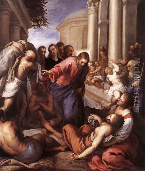 The Pool (La piscina probatica) 1592 Oil Painting - Palma Vecchio (Jacopo Negretti)