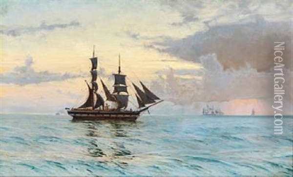 Seascape With Sailing Ships Oil Painting - Vilhelm Karl Ferdinand Arnesen