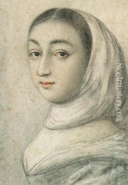 Portrait Of A Young Woman Wearing A Scarf, Turned To The Left Oil Painting - Nicolas Lagneau