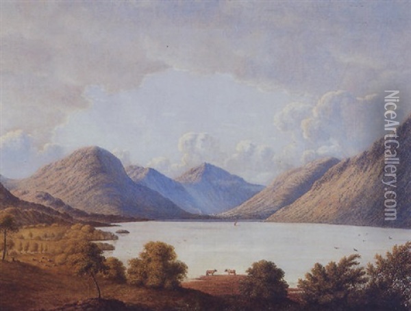 Lake Landscape With Cattle Oil Painting - John Glover