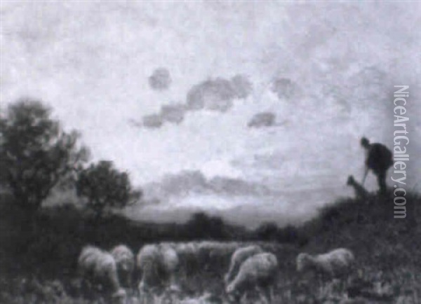 Schafer Mit Hund Und Herde An Der Tranke Oil Painting - Paul Chaigneau